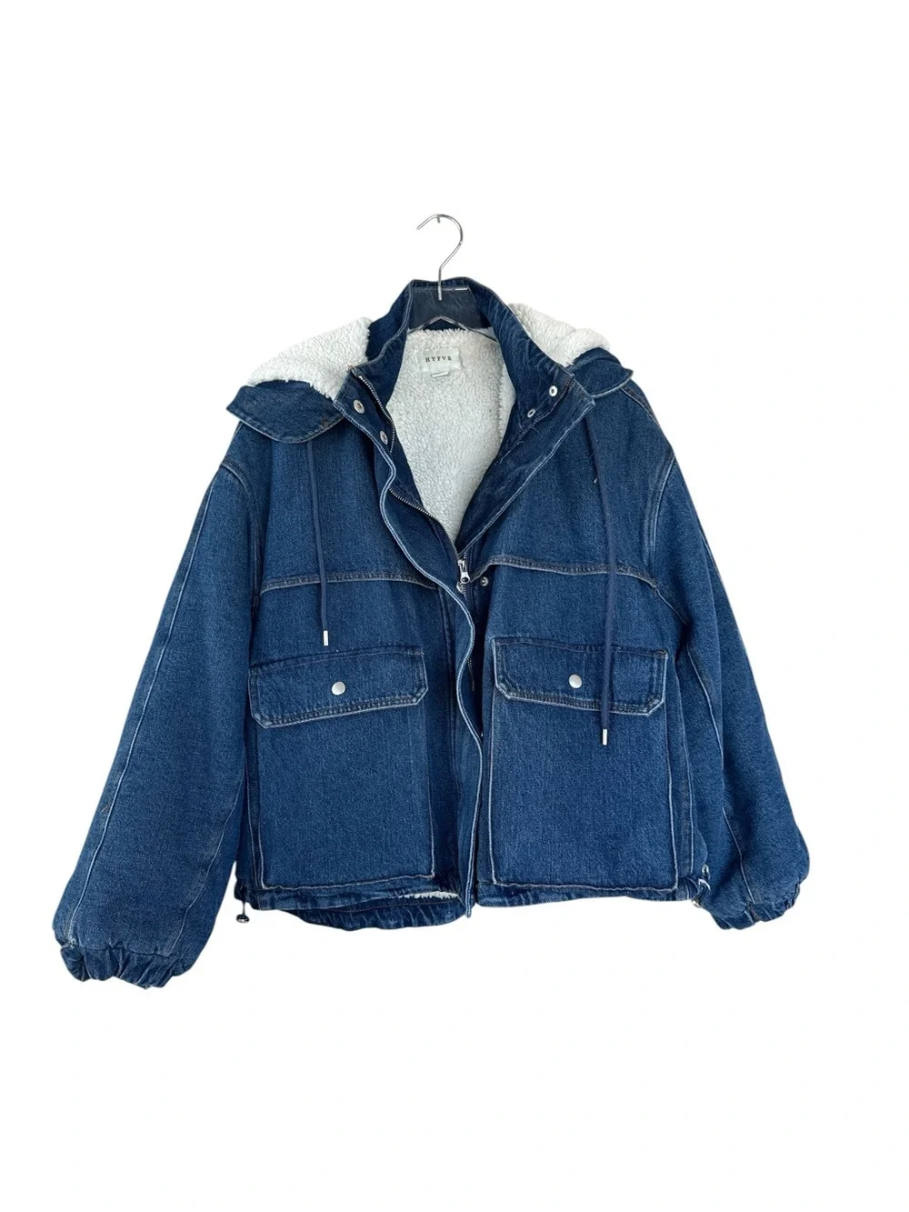 HYFVE Sherpa Lined Denim Hooded Jacket Oversized Utility Coat Blue Large